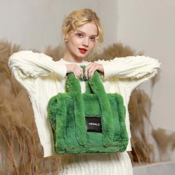 ✨Herald Women Green Tote Bag Soft Fluffy Fuzzy Furry Plush Handle Purse Handbag - Picture 8 of 8
